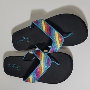 Coral Bay Black Flip Flops with Glitter Rainbow Straps